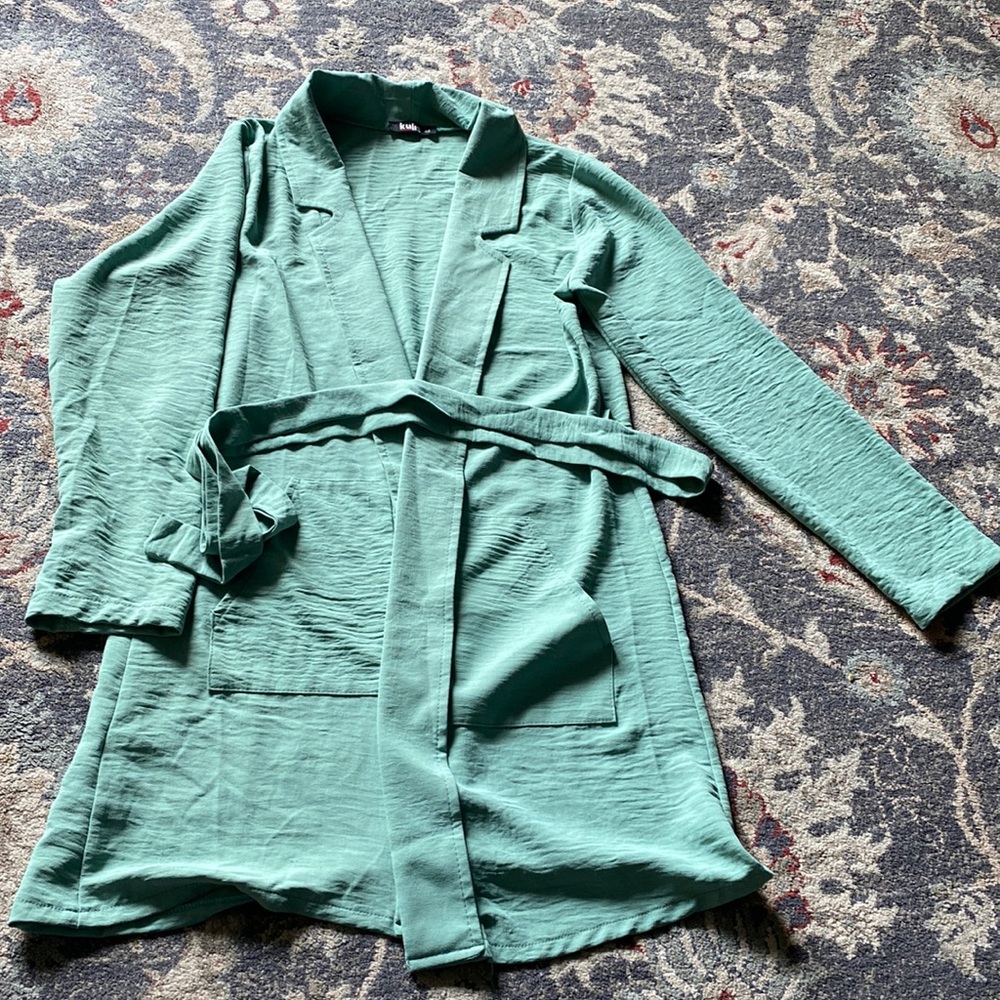 Light greenish blue long blazer with pockets and belt